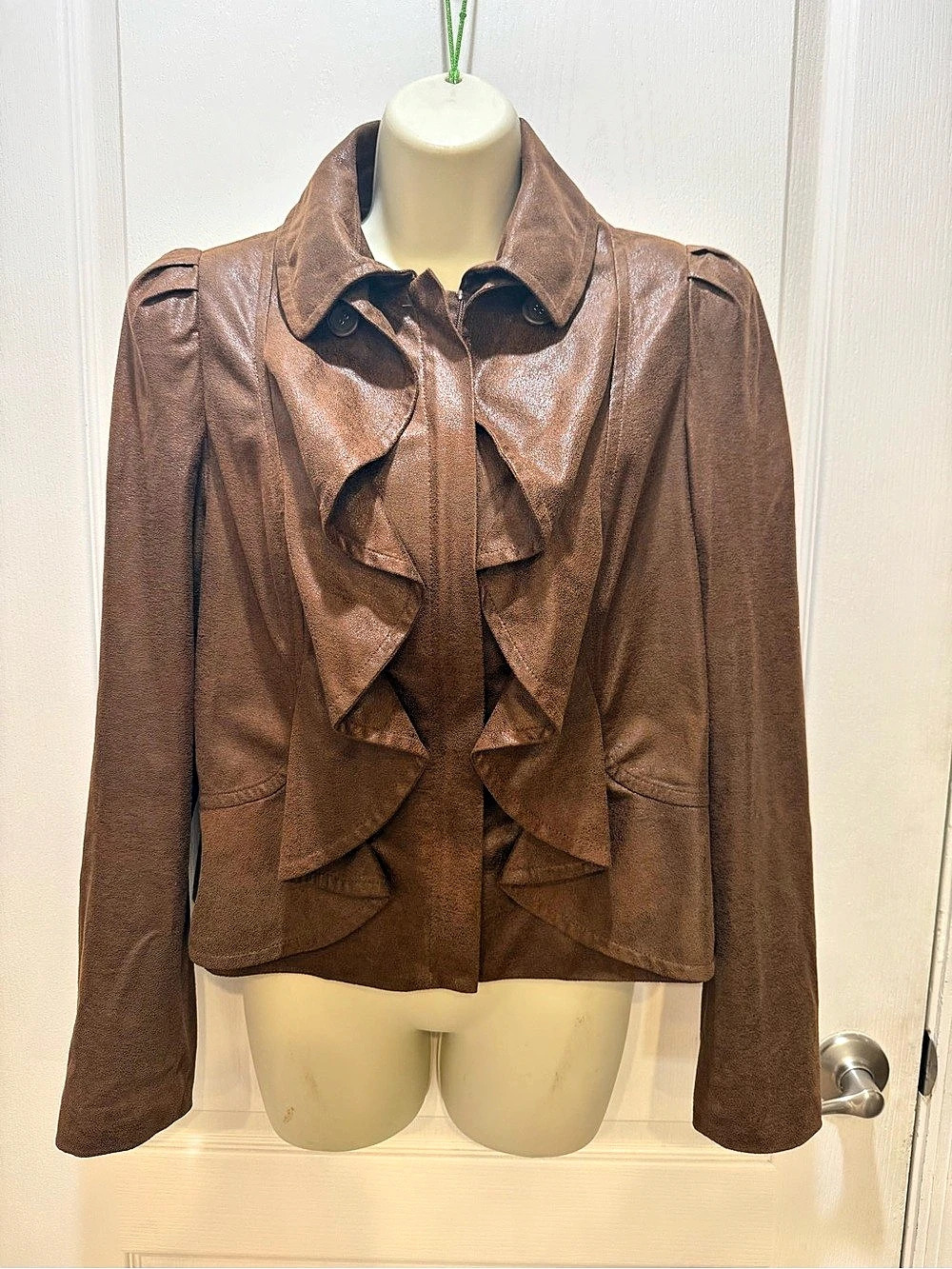 INC International Concepts Women's Brown Ruffle Front Jacket Medium